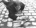 Ein Filmstill in schwarz/weiß, ein junger Mann liegt auf der Straße und greift zu einem Knochen