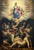 Eine Menschengruppe steht in der unteren Bildhälfte und schauen nach oben zu einer Madonna mit diversen Putti umringt. Es handelt sich um eine Malerei von Giorgio Vasari.