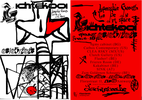Das Bild ist unterteilt in zwei gleichgroße A4 Hälften: Rechts, roter Hintergrund mit schwarzer Schrift der Name der Veranstaltung und die KünstlerInnen. Links, weißer Hintergrund und eine abstrakte Zeichnung mit schwarzen Linien