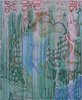 Auf dem Gemälde kniet eine junge Frau auf der Wiese, sie lehnt sich an einem Reh an. Das Bild scheint zu zerrinnen. Die Farbtöne sind blau, grün und von oben kommen vereinzelte Rottöne.