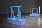 Amy Maga "Unkown support" from the series of sculpture "Archelogy of the future", 2020, porcelain trestle, quartz, rock crystal, piezo microphone, mini sound speaker, 73,5 x 76 x 57,5 cm (each); Plexiglas display ; photo: Tim Albrecht