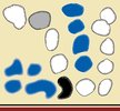 Auf dem sandgelben Quadrat befinden sind kleine runde Formen in Weiß, Blau und Schwarz mit unleserlicher Schrift um deren äußeren Rand herum. Der Quadratboden ist mit einer dicken Dunkelroten Linie markiert und nach kleinem Abstand kommt noch eine Schwarze weniger dicke Linie.