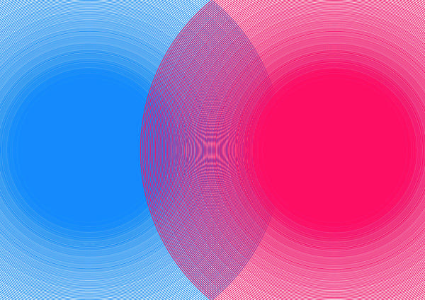 Blaue und rote Kreise laufen ineinander.