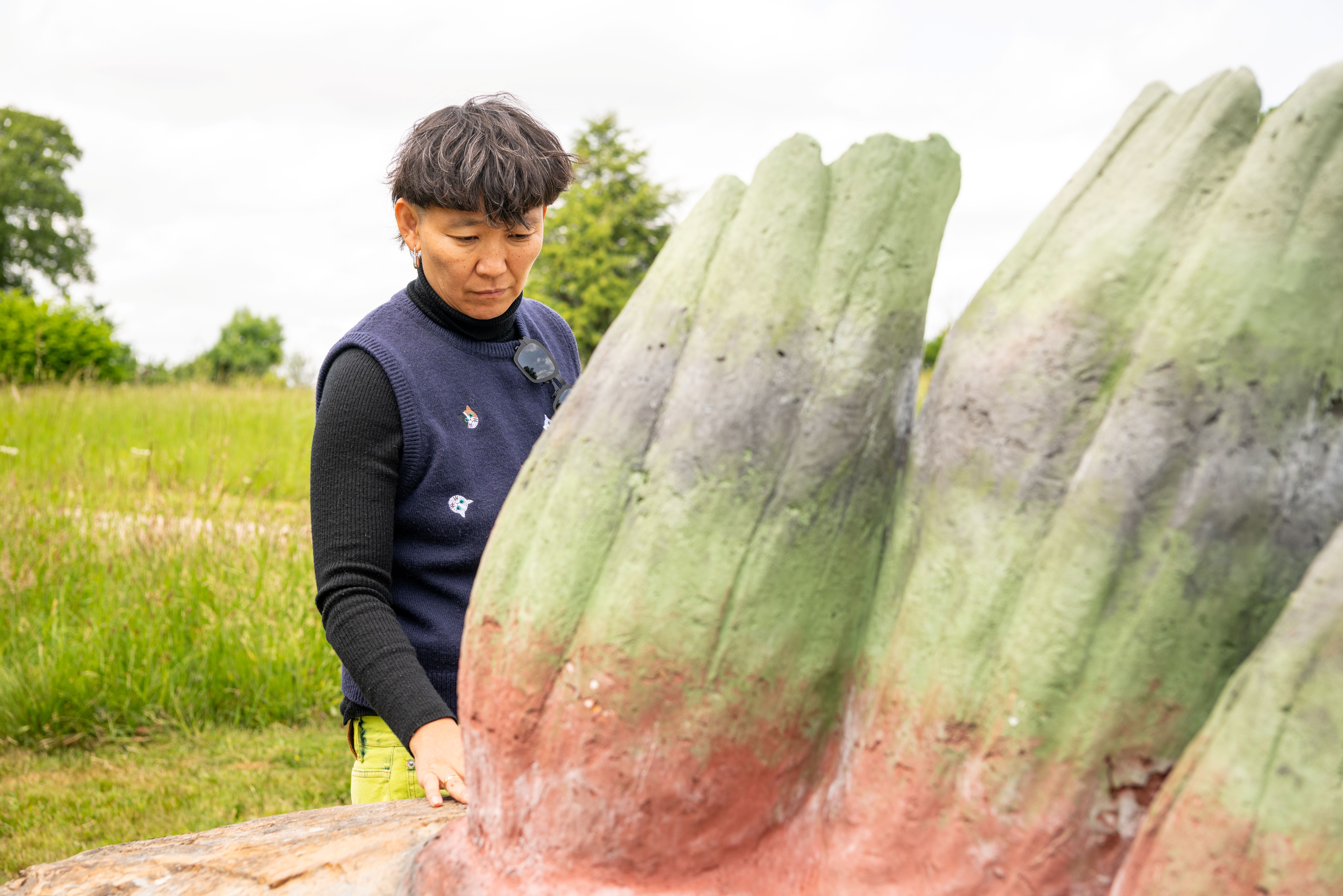 A person stands outdoors in a grassy field, looking at a large organically shaped sculpture with a green and reddish surface. The person wears a dark sweater and a vest. In the background are grassy areas and trees beneath an overcast sky.