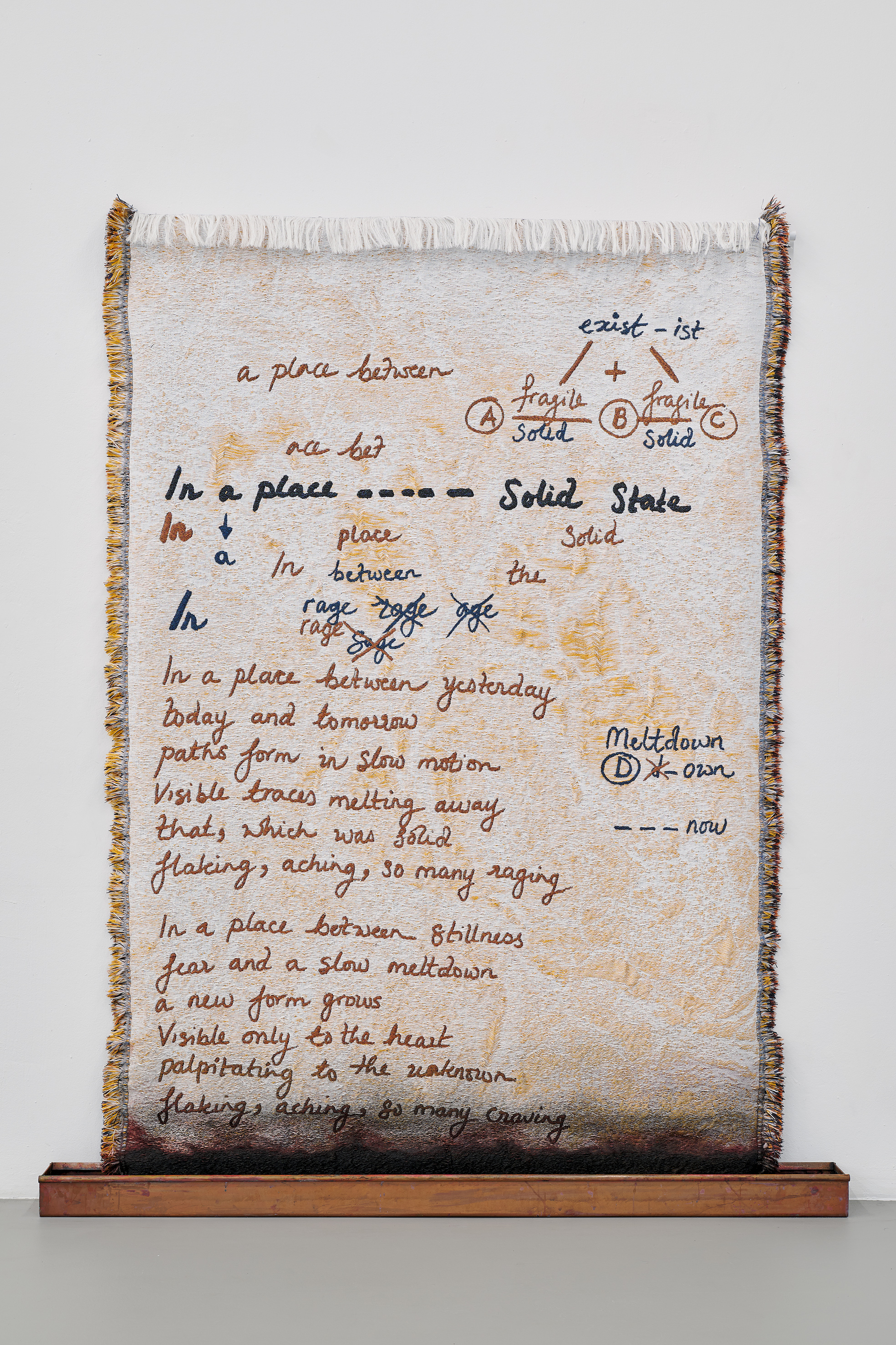 A large-scale textile work hangs against a white wall. The light-colored, handwoven surface incorporates handwritten texts, sketches, diagrams, and notes in various colors. The inscriptions combine poetic reflections with scientific-sounding terms such as “solid,” “fragile,” and “meltdown.” Fringed edges and the visible woven structure emphasize the material and tactile qualities of the piece.