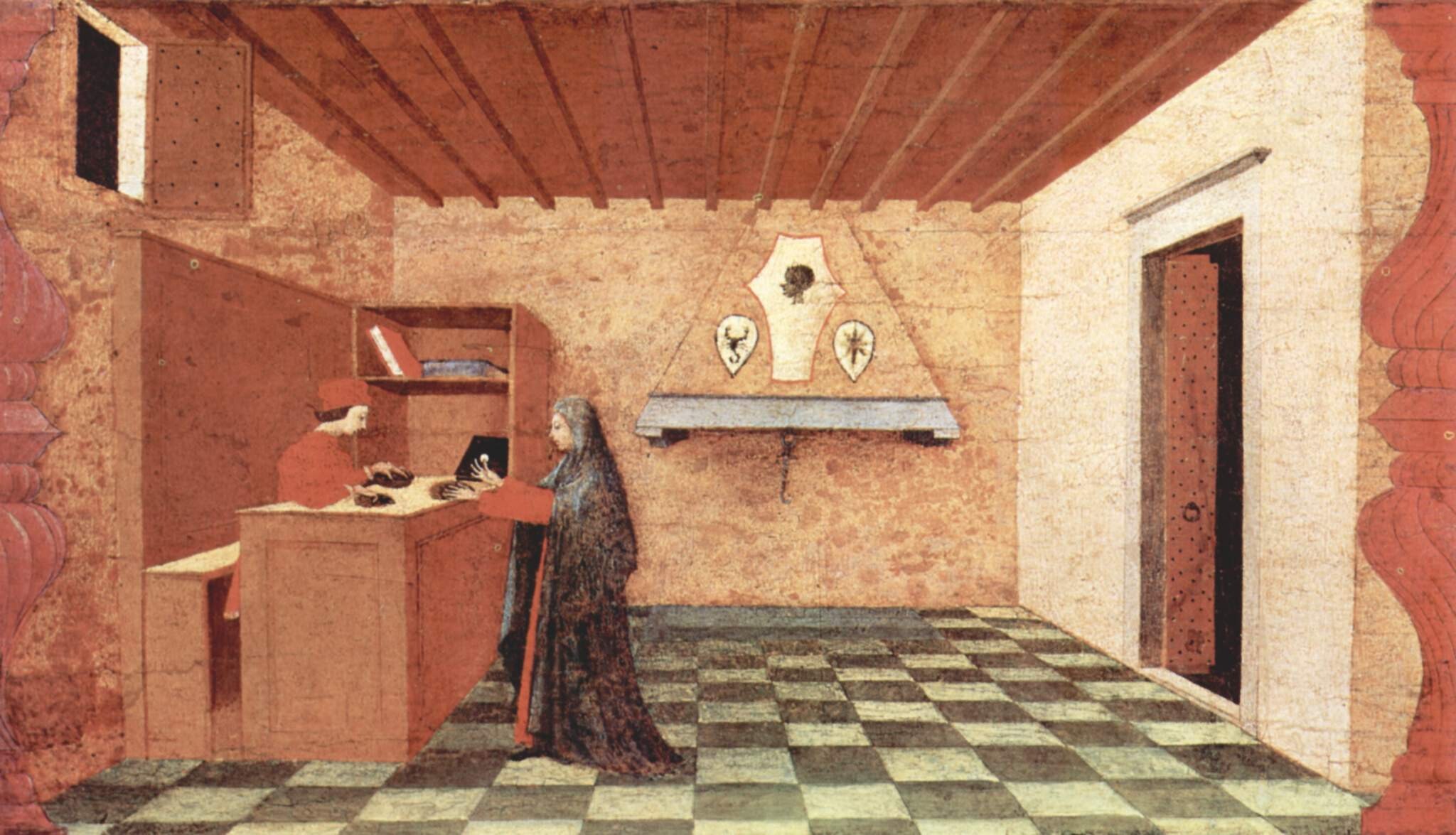Historical painting of an interior scene: A woman stands at a counter speaking with a merchant. The room features a tiled floor, a wooden beam ceiling, and a wall niche with decorative elements.