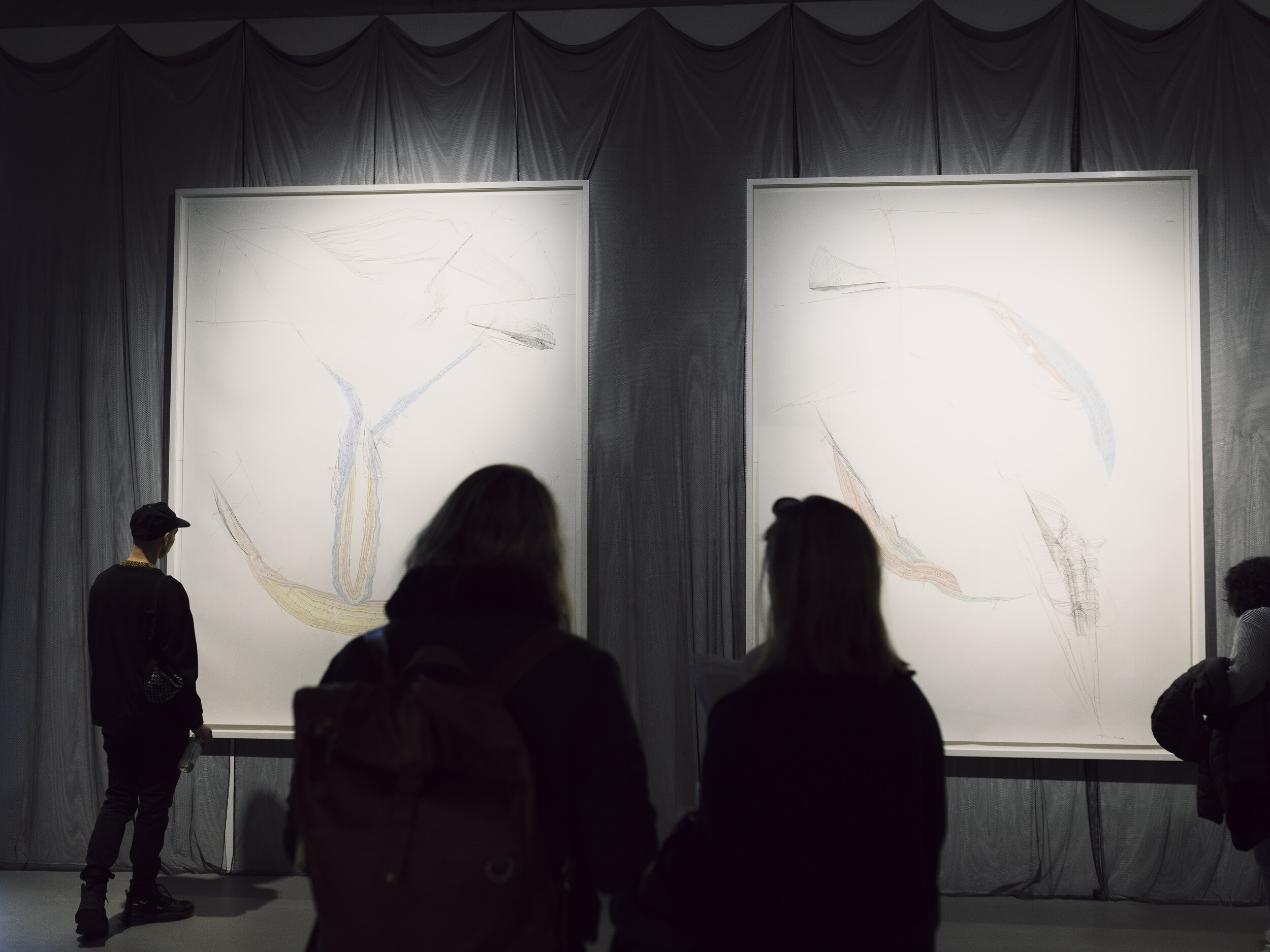 Mehrere Besucherinnen betrachten zwei großformatige, hell beleuchtete Zeichnungen oder abstrakte Bildarbeiten in einem abgedunkelten Ausstellungsraum. Die Werke stehen vor einem grauen Stoffvorhang und zeigen feine, reduzierte Linien in zarten Farbtönen. Die silhouettenhaft erscheinenden Betrachterinnen im Vordergrund betonen die Größe der Arbeiten und die ruhige Atmosphäre der Installation.