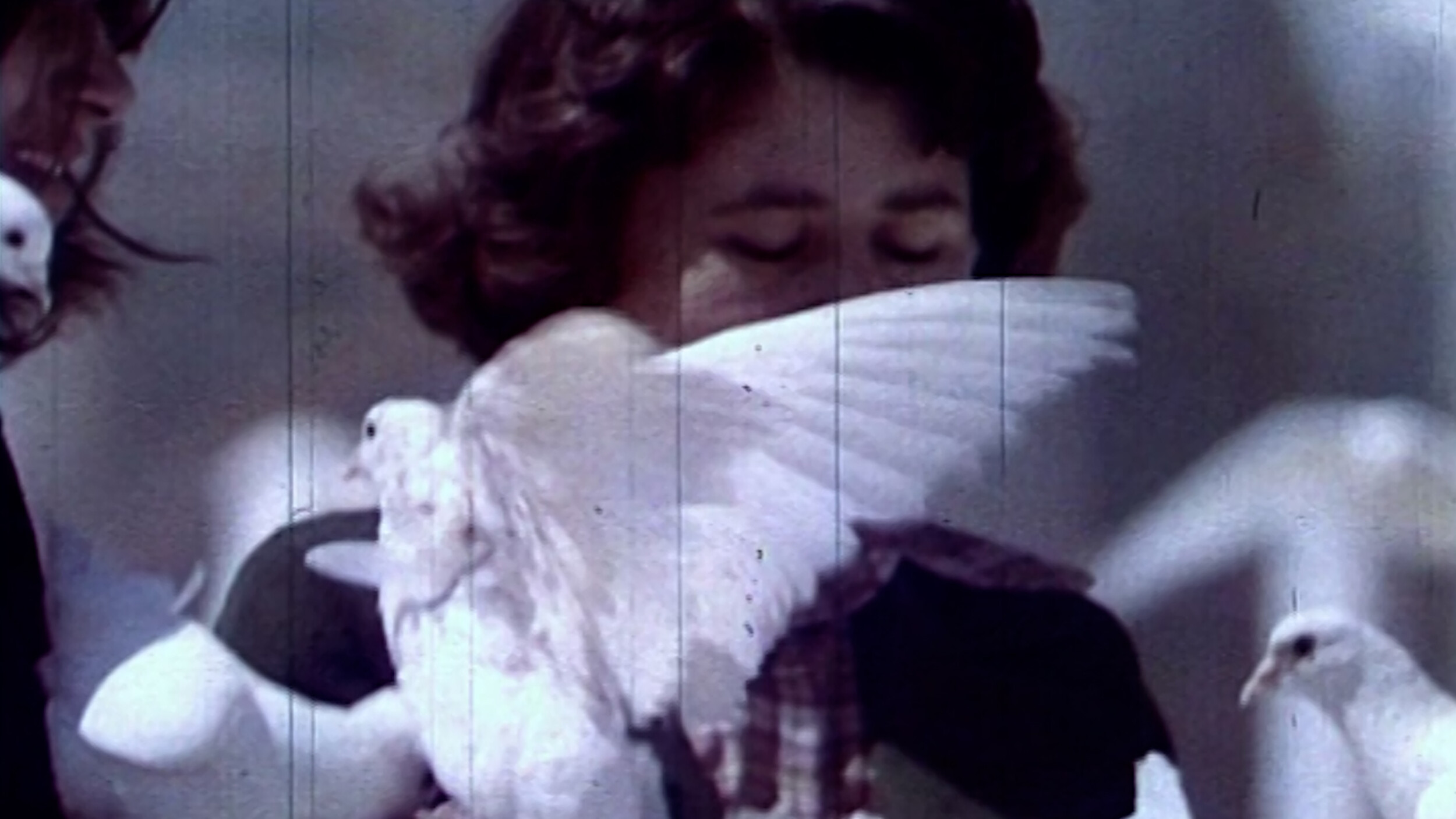 Filmstill in blassen Farbtönen: Eine Frau mit geschlossenen Augen ist von mehreren weißen Tauben umgeben; eine Taube breitet vor ihrem Gesicht die Flügel aus.