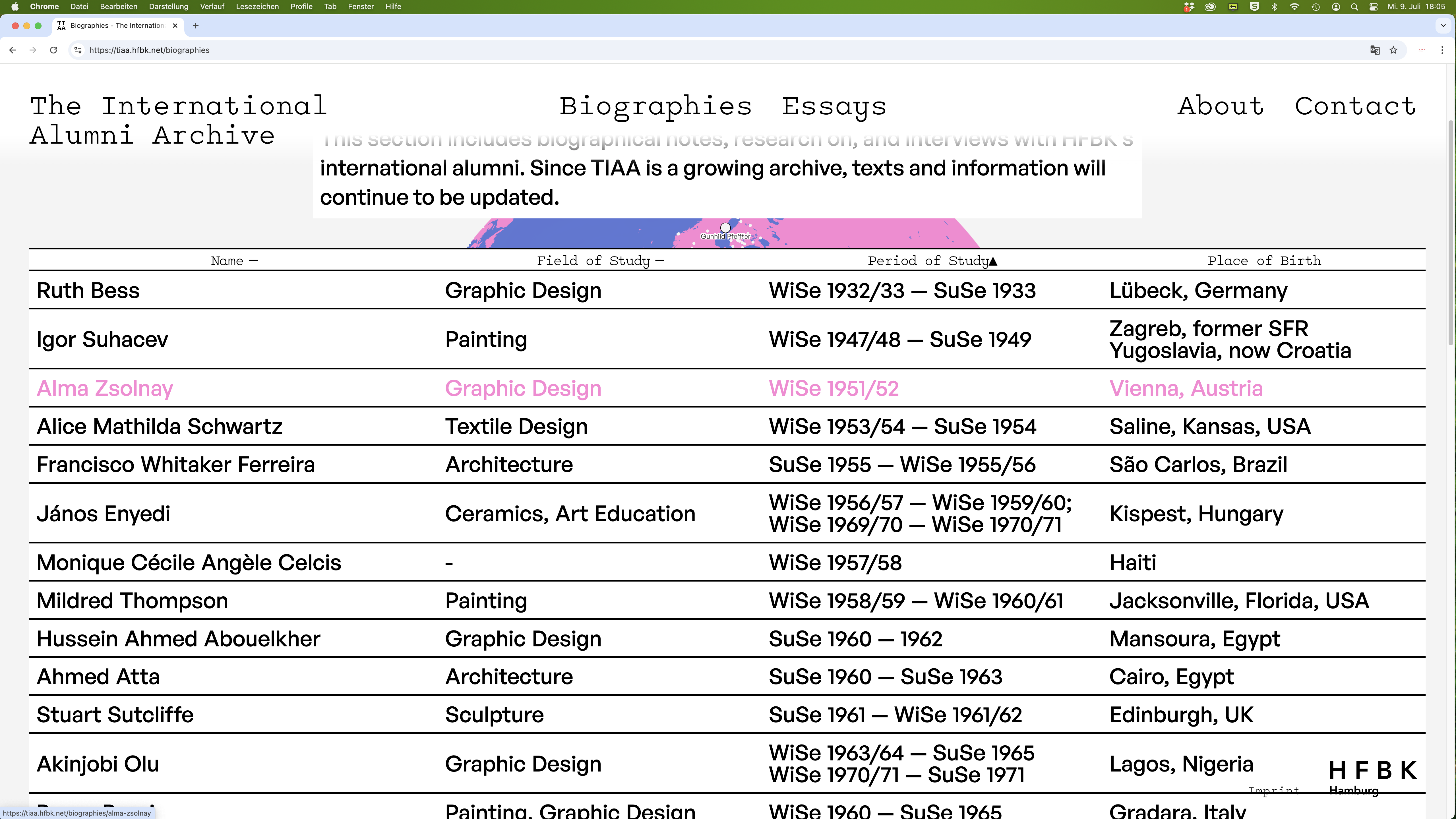 Screenshot of a website titled “The International Alumni Archive.” In the center, a large stylized globe in pink and blue displays numerous marked points with names. At the top are the menu items “Biographies,” “Essays,” “About,” and “Contact.” The “HFBK Hamburg” logo appears in the bottom right corner.