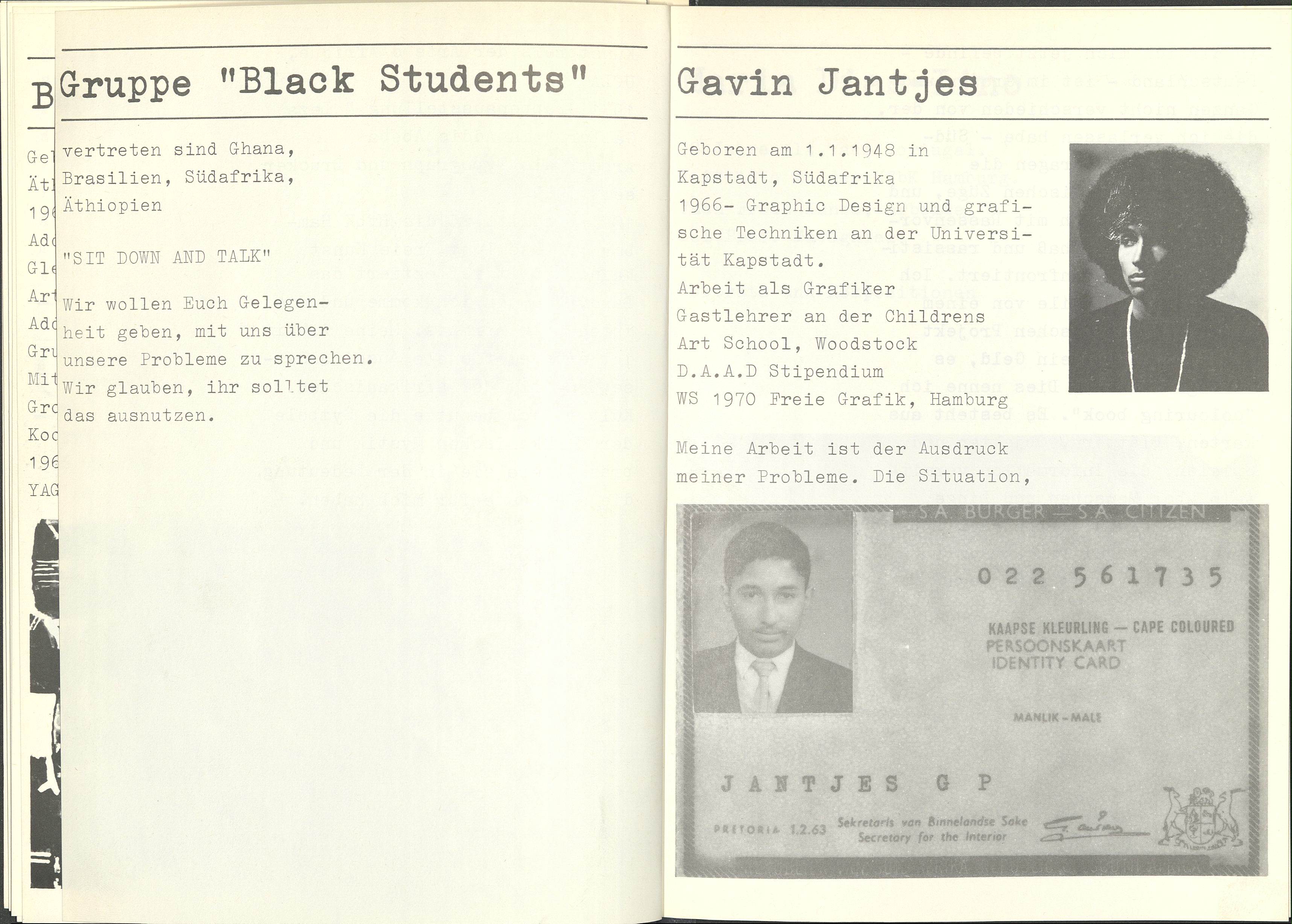 Double-page spread of a publication in typewritten style. On the left, a text titled “Group ‘Black Students’” with a short call to discuss shared issues. On the right, a biographical page on Gavin Jantjes featuring a portrait photograph and an image of an identity document.