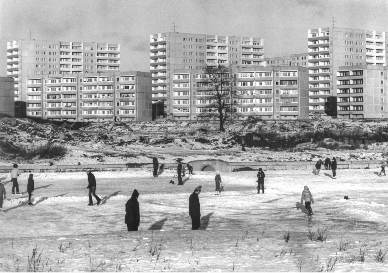 Fotografie von einer Freifläche mit mehreren vereinzelten Personen, im Hintergund sind Plattenbauten zu sehen.