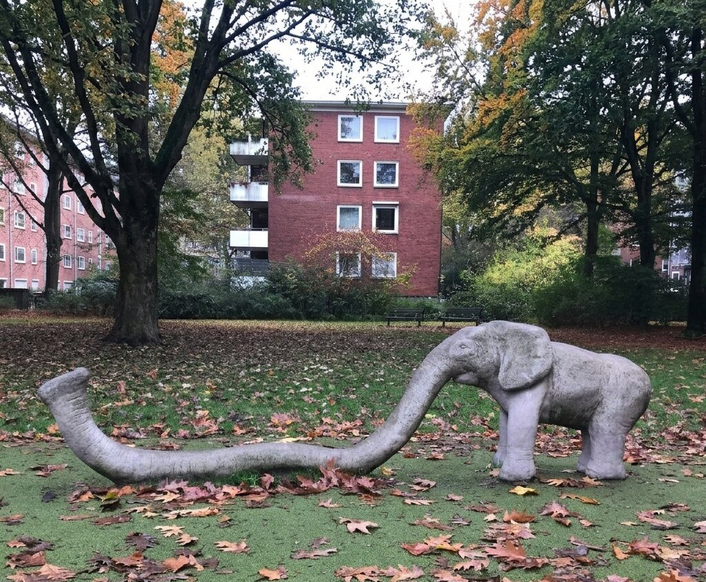 A sculpture of a small elephant that functions as a climbing frame in a park in Hamburg.