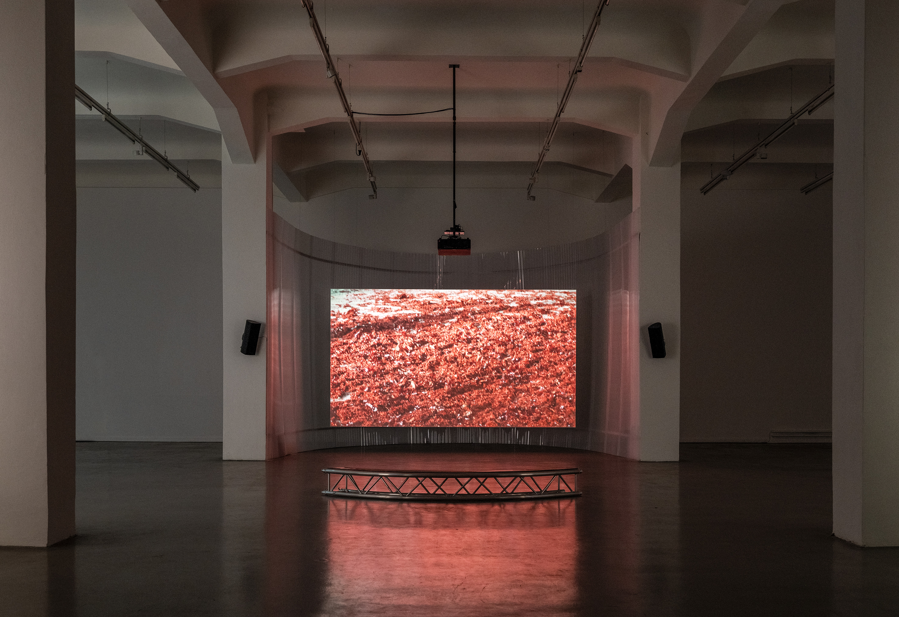 Ausstellungsansicht einer Videoinstallation mit gebogener Projektionsfläche und halbkreisförmiger Sitzbank. Die Projektion zeigt eine rötlich leuchtende, strukturierte Oberfläche und taucht den abgedunkelten Raum in rotes Licht.