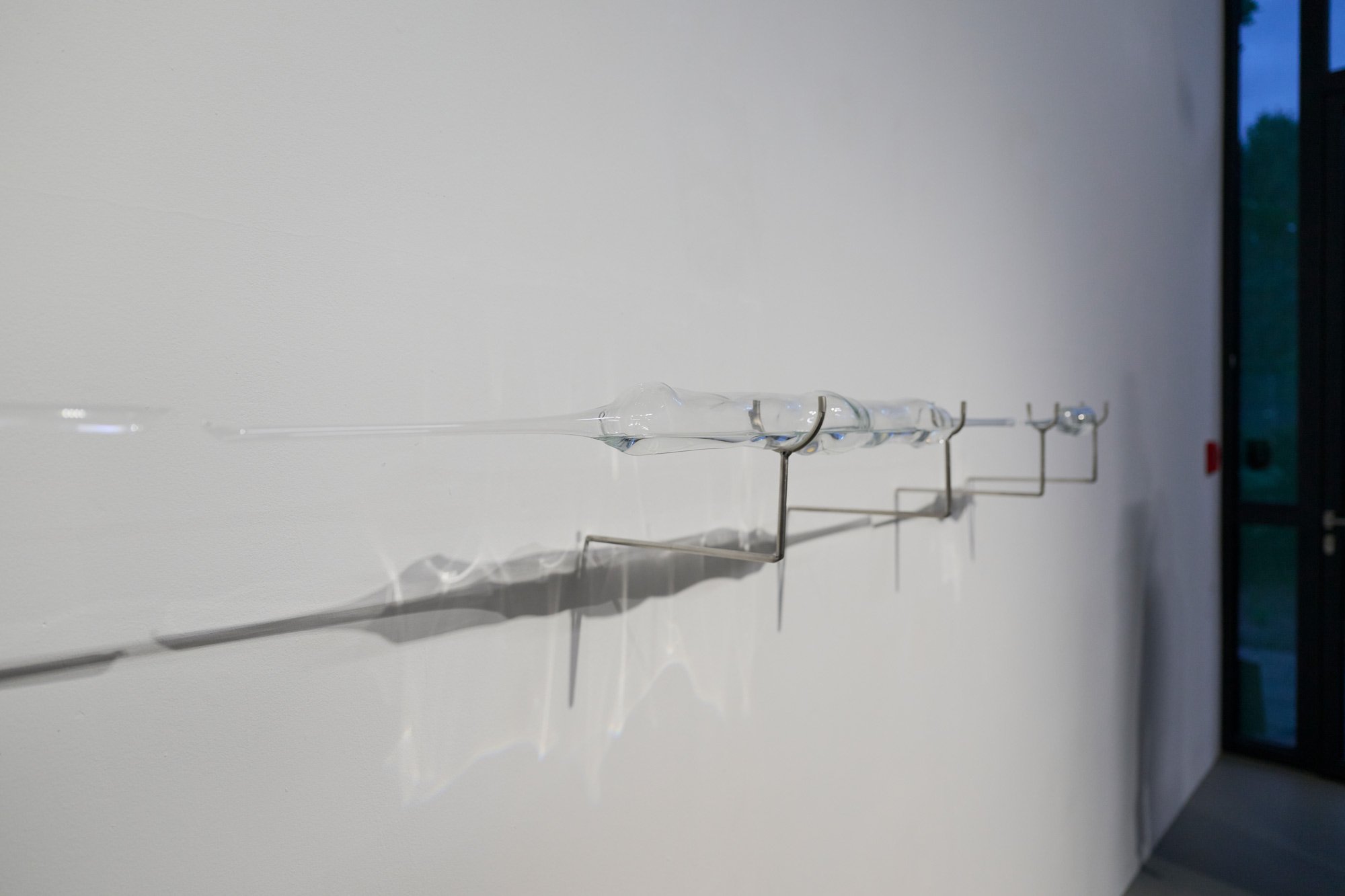 A series of transparent glass forms is mounted along a white gallery wall. The elongated, slightly distorted glass objects are supported by simple metal brackets and run horizontally across the wall. Light reflections and soft shadows appear on the surface. A dark doorway is visible on the right.