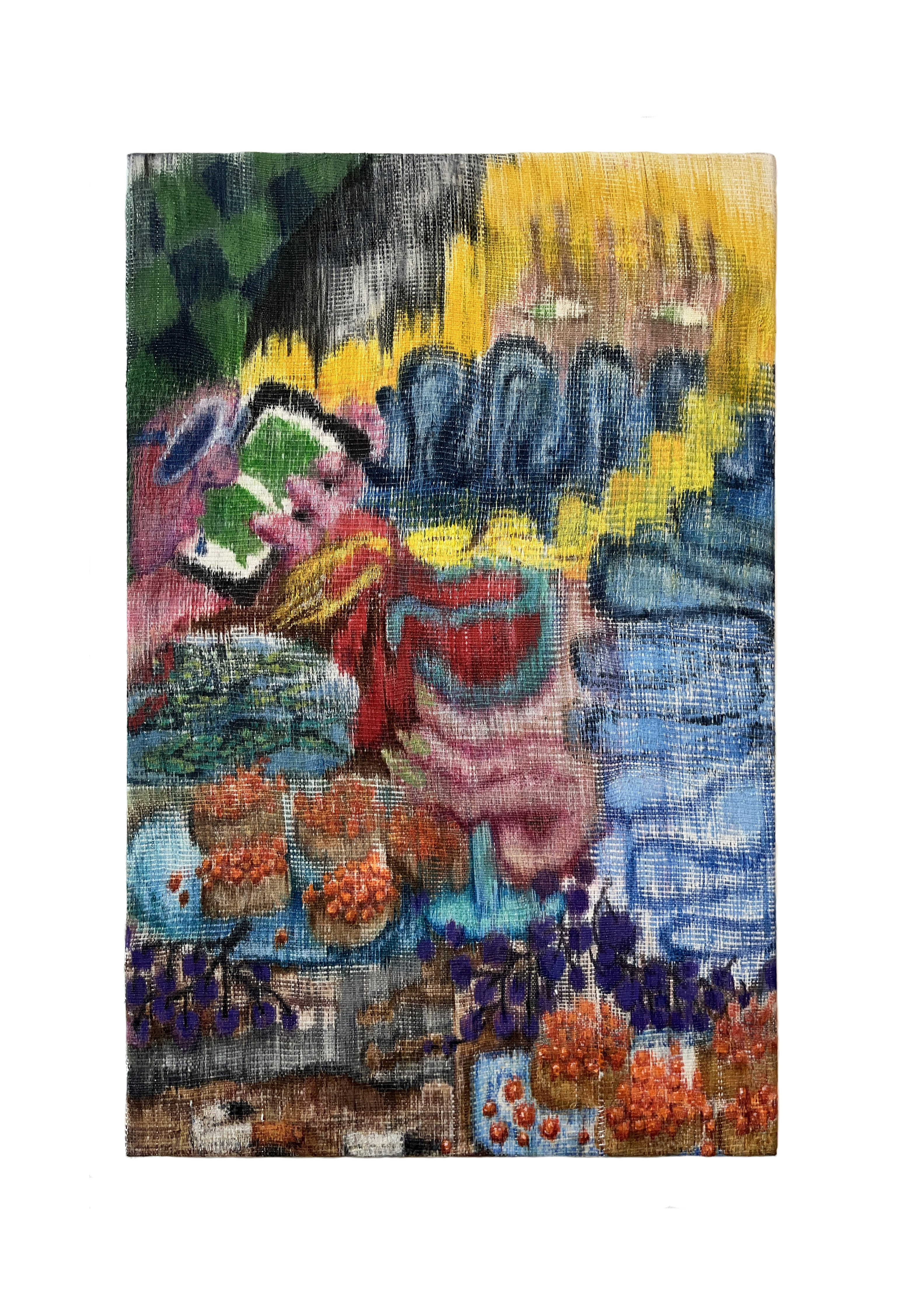 Colorful abstract painting with organic shapes and patterns in various colors on canvas.