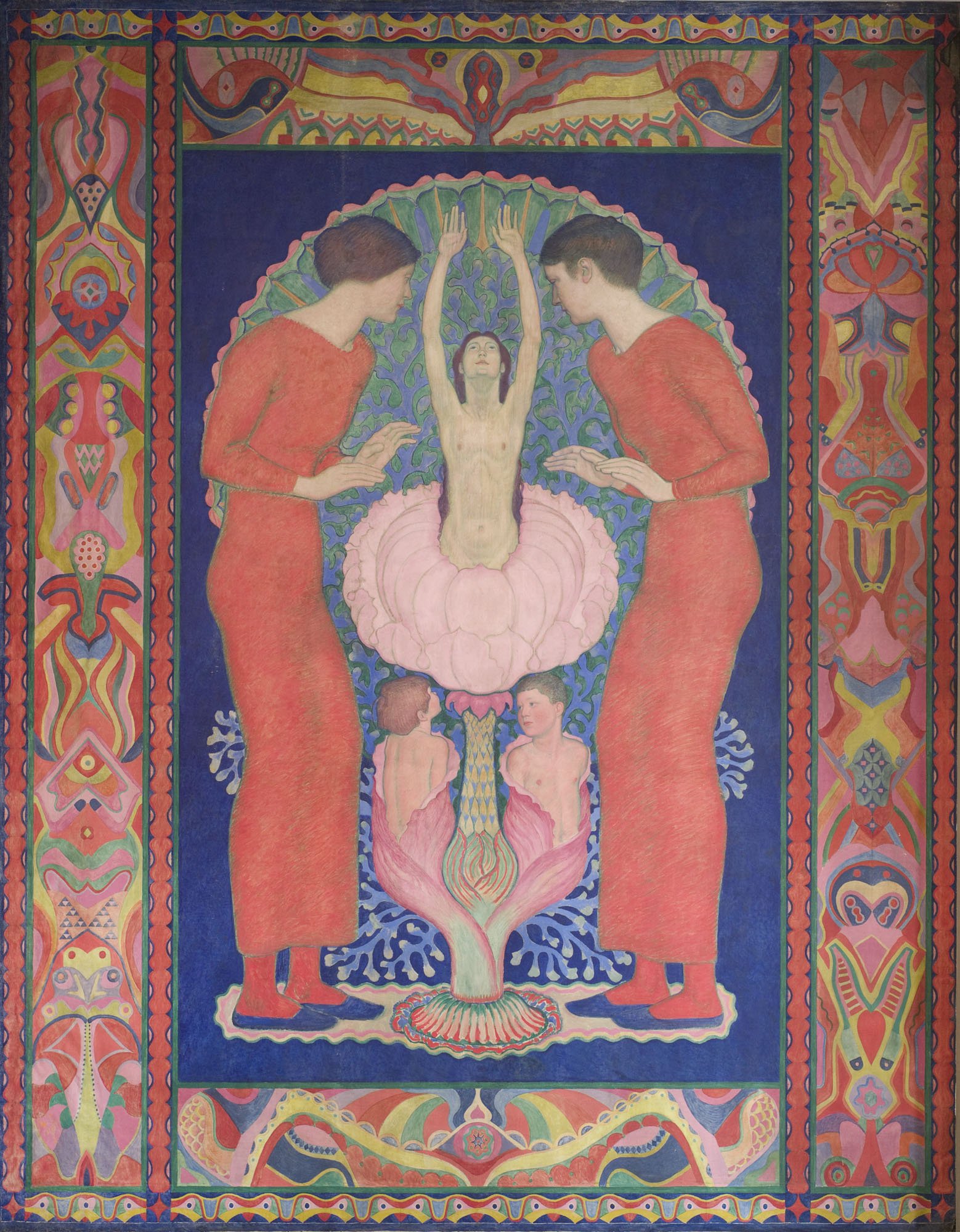 Colorful mural framed by ornamental patterns, depicting stylized figures: two figures in red garments face each other, flanking a central nude figure rising from a flower; below them are two additional figures, surrounded by symmetrical floral and geometric designs.