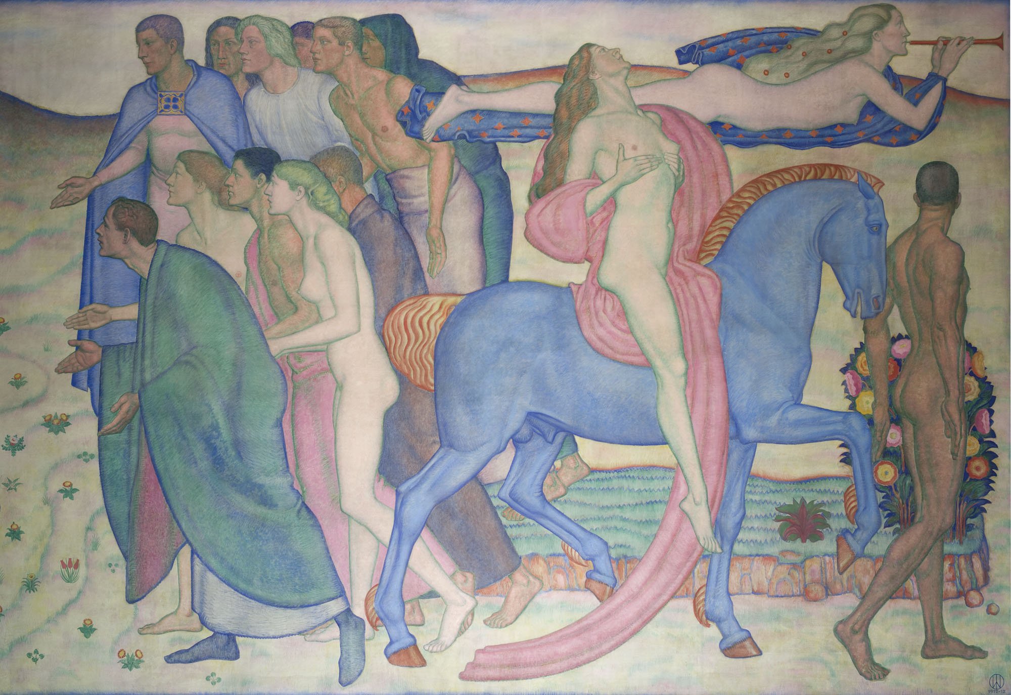 Colorful mural depicting stylized, partially nude figures in a procession; a woman sits on a blue horse while other figures walk or float alongside, surrounded by floral and ornamental elements in soft pastel tones.