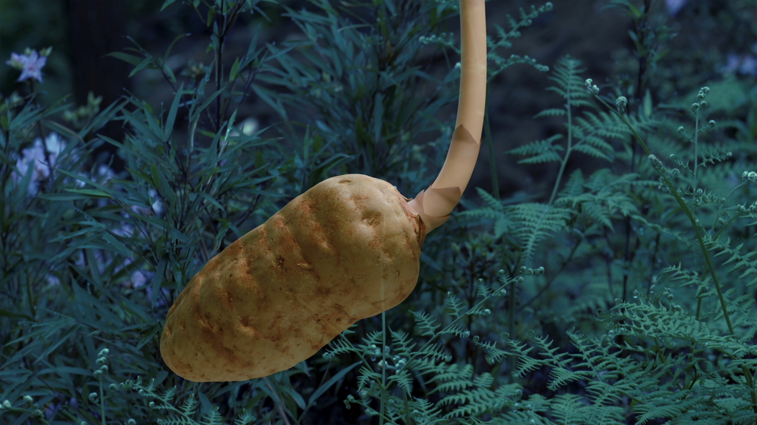 Nahaufnahme einer Kartoffel, die an einem gebogenen, hautfarbenen Schlauch oder Arm befestigt ist und inmitten dichter grüner Pflanzen und Farne schwebt. Die Szene wirkt inszeniert und leicht surreal, mit kühler, gedämpfter Beleuchtung.