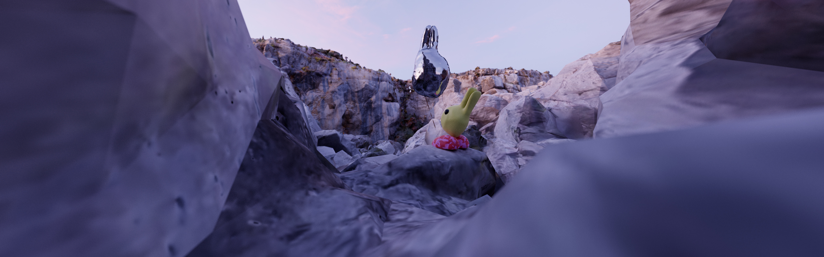 Digital scene set in a rocky landscape at dusk. A small stylized figure with long ears sits on a rock among large boulders, looking toward a reflective floating shape in the air.
