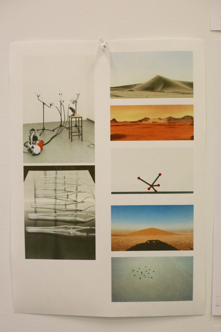 Photo collage with six images, including a technical setup in a room, desert landscapes, glass objects, and graphic markers.