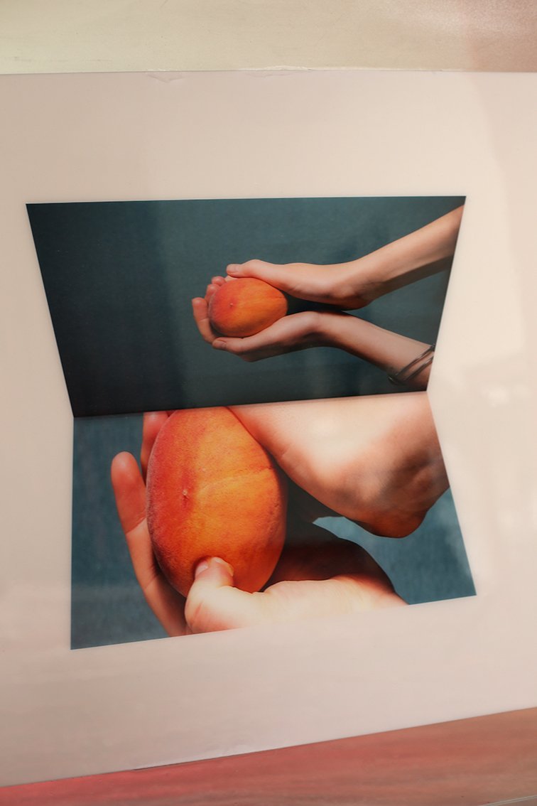 A photograph showing hands holding a peach. The image rests against a white surface, with a red carpet beneath it.