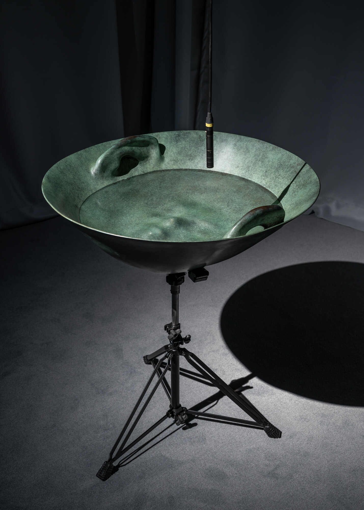 A copper-green bowl filled with water is attached to a music stand; it has small protrusions on the inside of the sides. A microphone hangs above the bowl.