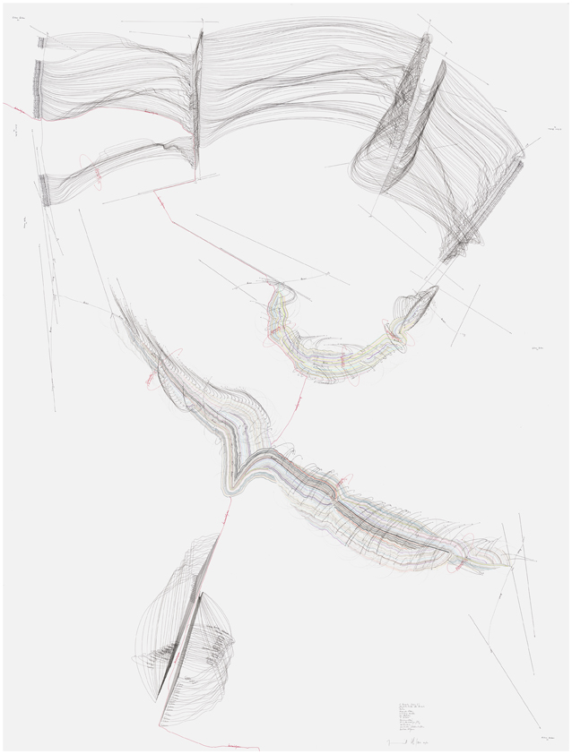 Auf weißem Papier ist eine Zeichnungen aus schwarzen Linien zu sehen, die unter anderem Erinnerungen an einen Vogel mit ausgebreiteten Schwingen und eine Fahen im Wind hervorrufen.