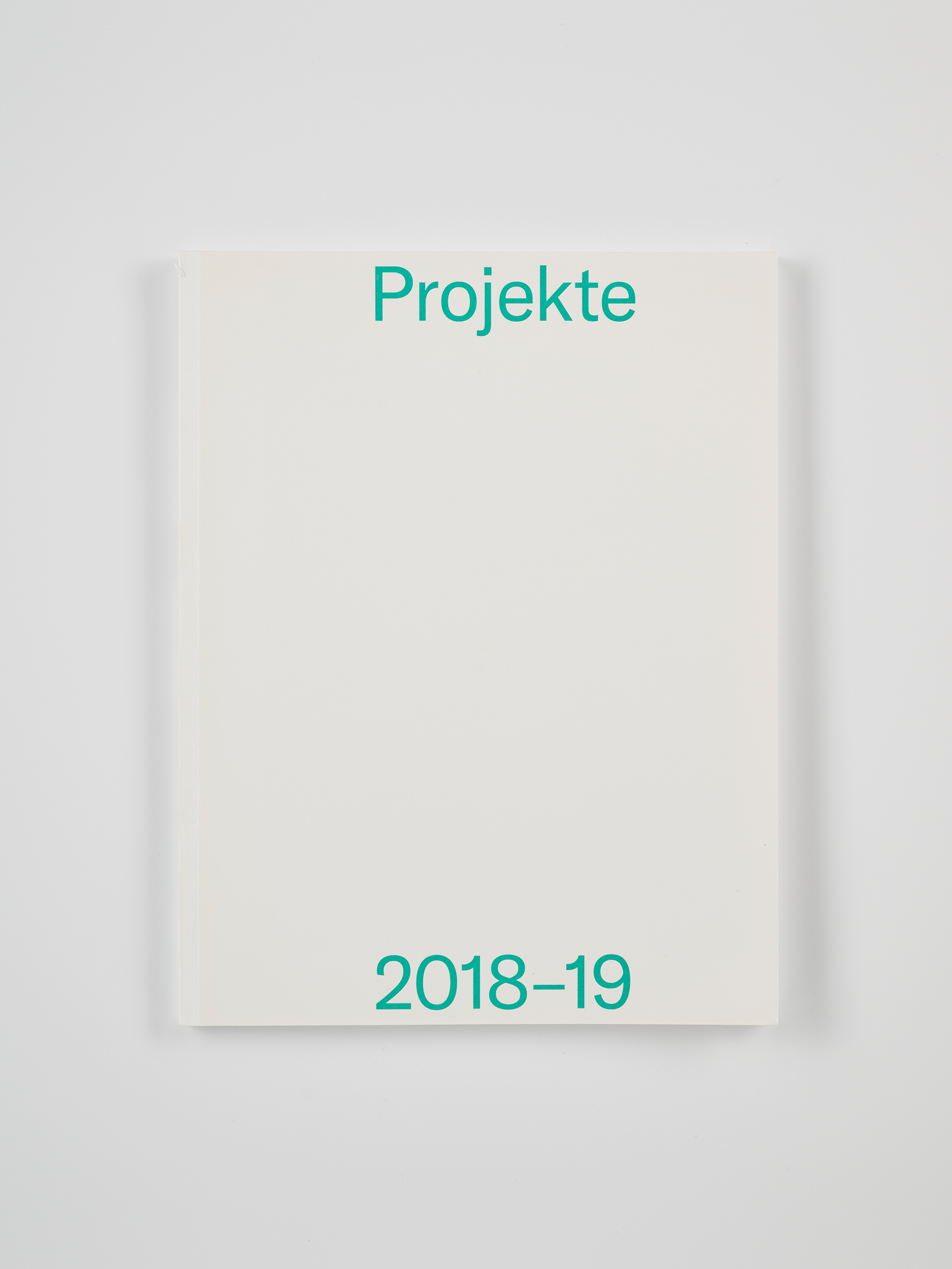 Minimalistisches weißes Buchcover mit türkiser Schrift. Oben steht „Projekte“, unten „2018–19“. Das Buch liegt auf einem neutralen Hintergrund.